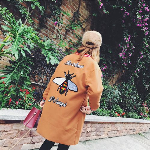 Chic Bee Embroidered Long Baseball Coat