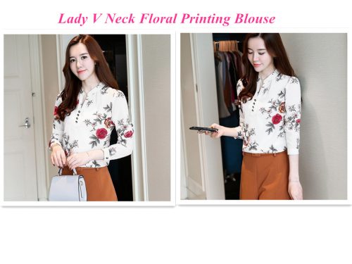 Lady V Neck Floral Printing Blouse