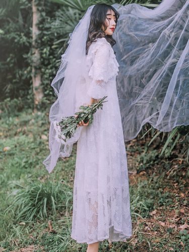 Hot Lace O-Neck Lantern Sleeve Bridesmaids Wedding Dress